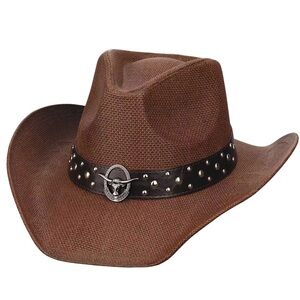 Metal Steer Head Emblem Studded Leather Band Western Straw Cowboy Fedora Hat